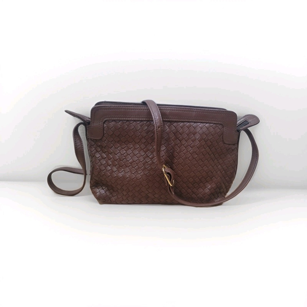 Vintage Ganson Leather Woven Brown.Crossbody Bag Top Zipper With 2 Pockets
